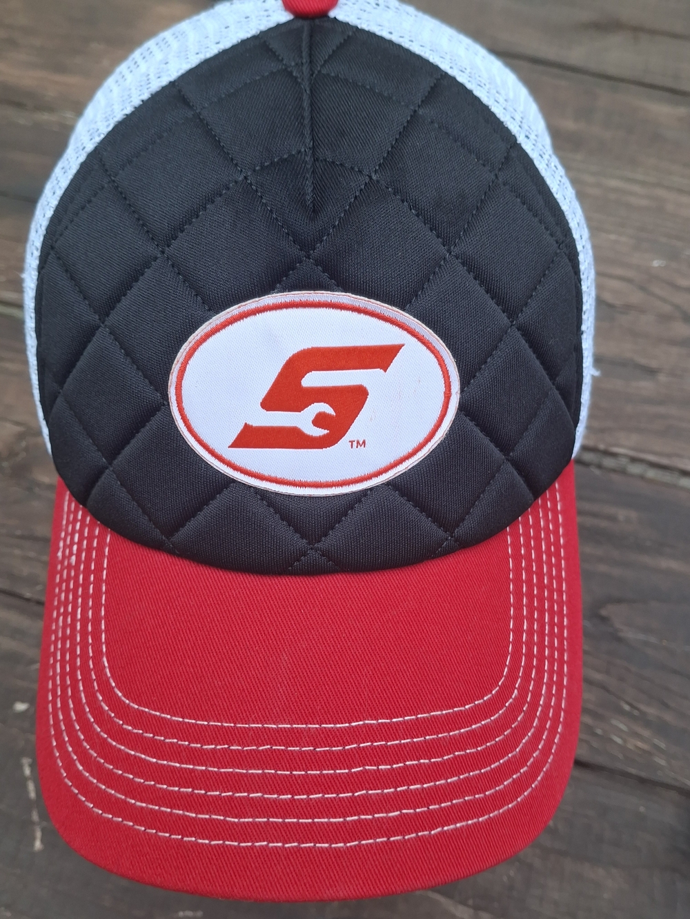Snap On Trucker Cap with Quilted Black Crown and Red Brim